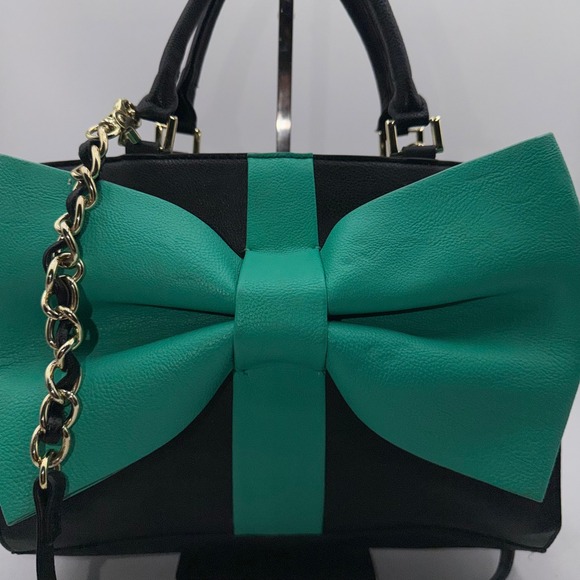Betsey Johnson Black Teal Green Bow Satchel Polka Dot Crossbody Handbag - Picture 2 of 9